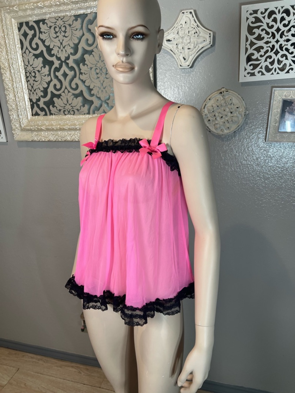 Victoria’s Secret Pink Babydoll Chemise with Black Lace Trim - Picture 3 of 11